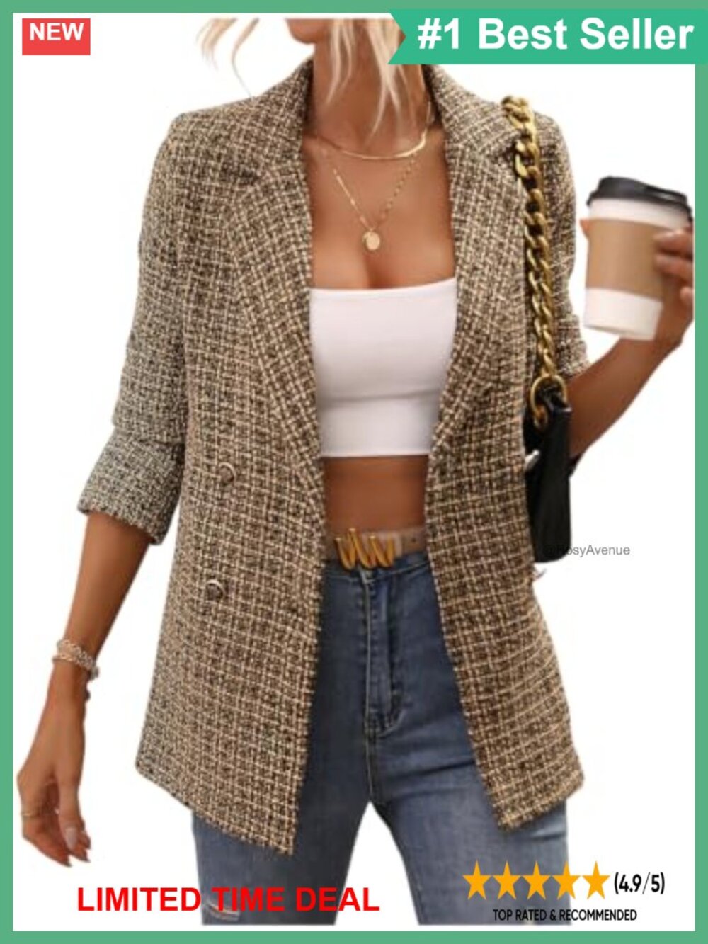 Women's Tweed Double Breasted Long Sleeve Blazer Business Casual Suit Jacket